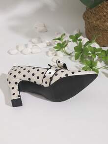 Women's Pointed Toe High Heeled Single Shoes, Satin Polka Dot Chunky Heeled Shoes, Slip-On Bow Decoration, Suitable For Outdoor And Office - trắng - Xem 11