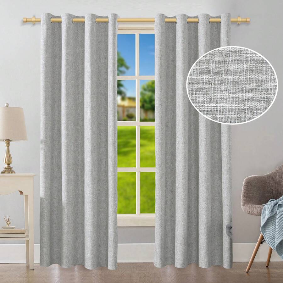 2 Pieces 100% Blackout Thickened Bedroom Curtains, Silver Grommet Linen Textured Curtains With Thermal Insulation White Lining Full Blackout Noise Reduction Curtains For Living Room Apartment Dorm Farmhouse White Beige Light Gray Dark Gray Taupe