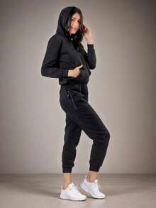 Conjunto Deportivo 2 Piezas Para Mujer Sudadera Con Capucha Cremallera Y Pantalones Con Bolsillos Estilo Casual Cómodo - Negro - Ver 4