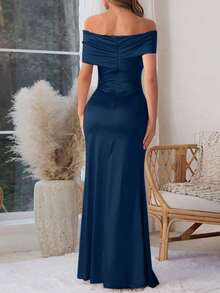 WOWDARK Summer Off-Shoulder Solid Color Pleated Slit Dress, Elegant Party Dress For Valentine's Day, Dates, Gatherings, Parties, Travel, Vacation, Beach - Blue - View 4