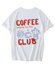 Camiseta casual de mujer con cuello redondo y manga corta, estampado de café en inglés, diseño minimalista, uso versátil diario