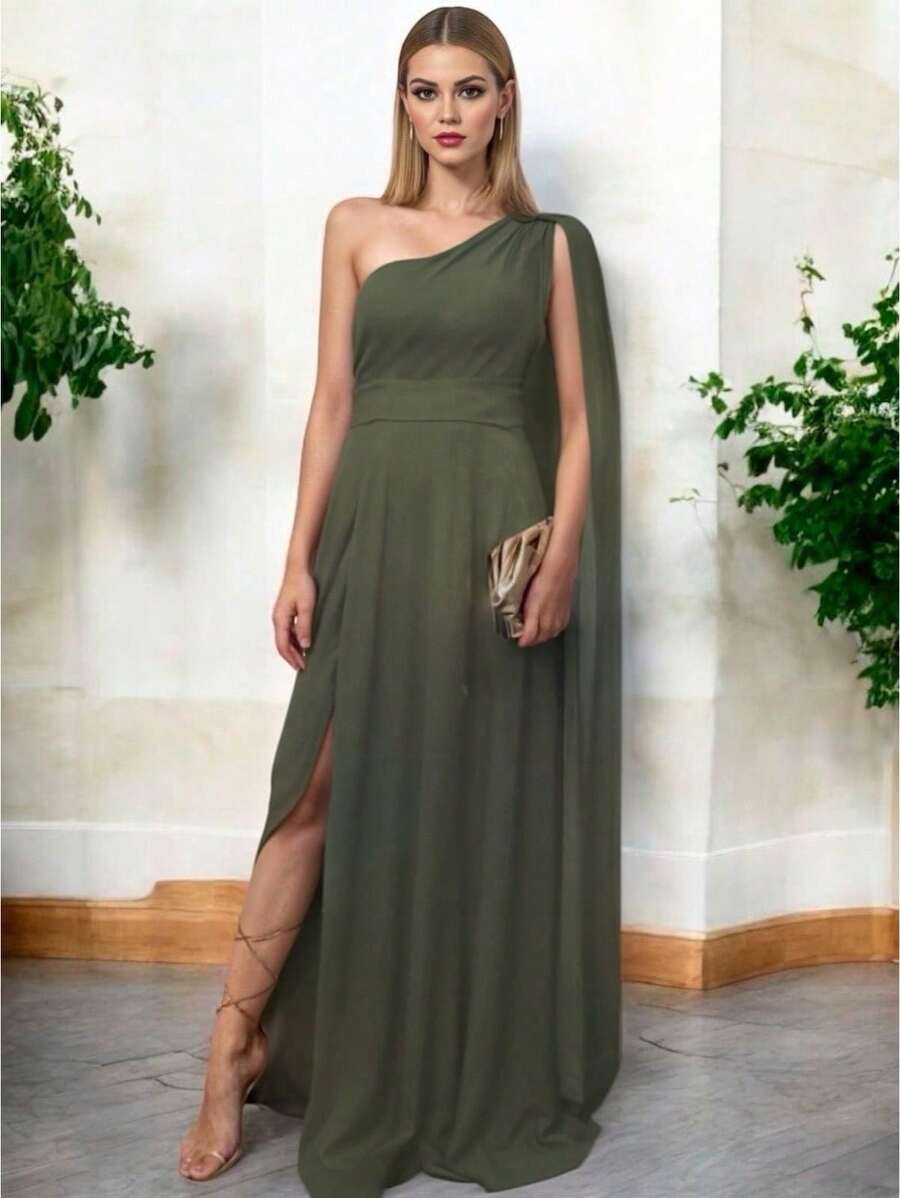 Vestido Elegante Asimetrico con Abertura Lateral y Holgado de la Parte Inferior Hombro Descubierto con Capa - Verde militar - Ver 1