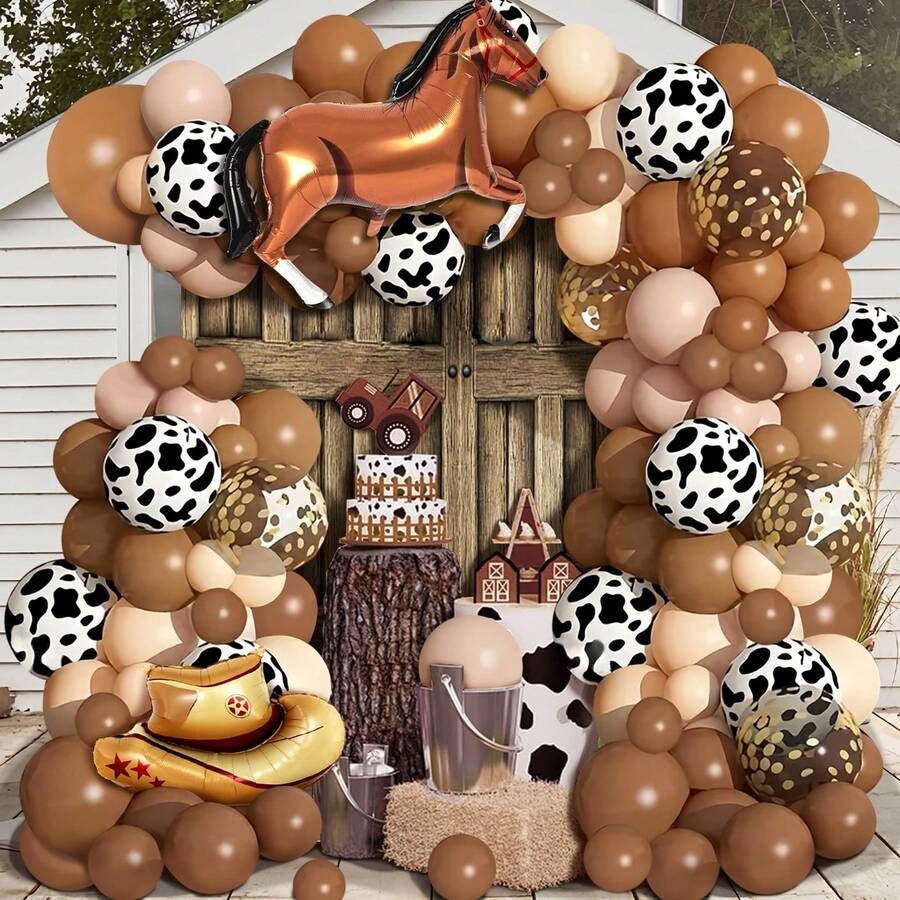 100pcs Western Cowboy Horse Racing Theme Balloon Garland Set, Brown, Beige Balloons With Brown Horse And Hat Balloons, Suitable For Farm Birthday Party, Harvest Party, Horse Race Party Decoration - Multicolor - View 1