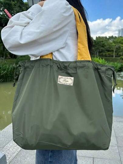 Large Capacity Reusable Drawstring Gym Bag Handbag, Portable Foldable Machine Washable Shopping Bag, Solid Color Lightweight Women's Tote Shoulder Bags Grocery Bag