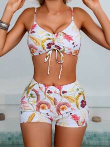 3pcs Summer Vacation Elegant New Floral Print Beachwear Set, Bikini Swimsuit With Sun Protection