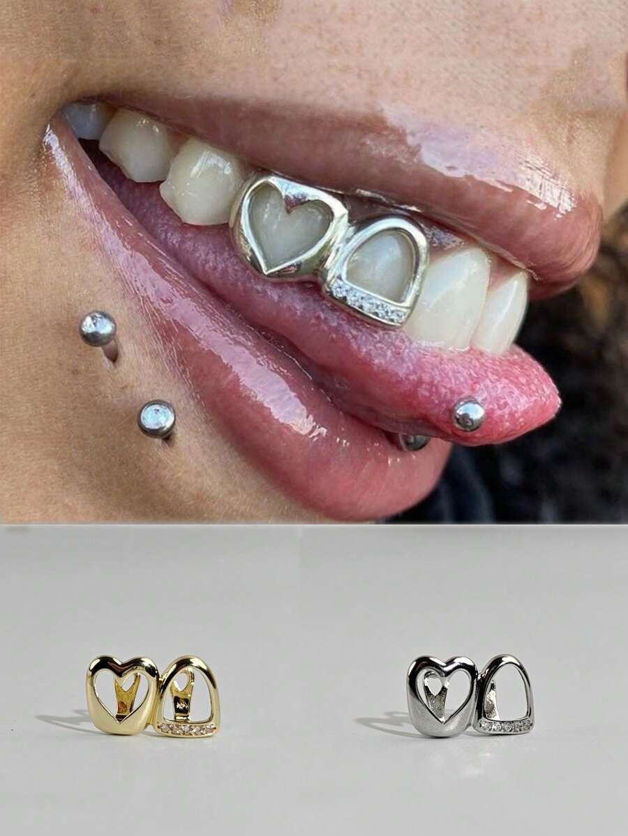 THATBOY 1 buah/2 buah/4 buah/set Permata Gigi Berbentuk Hati Berongga Berlapis Emas 18k