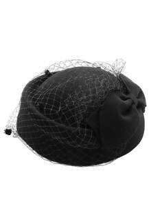 1 件女士纯色休闲波西米亚复古宫廷风格派对优雅帽子春夏韩版空姐英伦风蝴蝶结网眼蕾丝羊毛毡适合日常外出和活动 - MM1413 - 查看 6