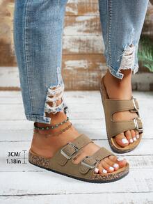 Bequeme Damensandalen - weich, leicht, mit Doppelschnalle, flache Slides, atmungsaktives Design, geeignet für Sommerstrand-Urlaub und tägliches Tragen - Kamelfarben - Übersicht 4