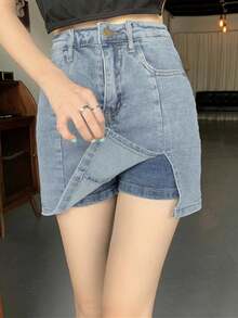 高腰开衩牛仔裙，性感紧身迷你裙，防走光，修身显瘦，适合春夏女士 - 淺色水洗藍 - 查看 3