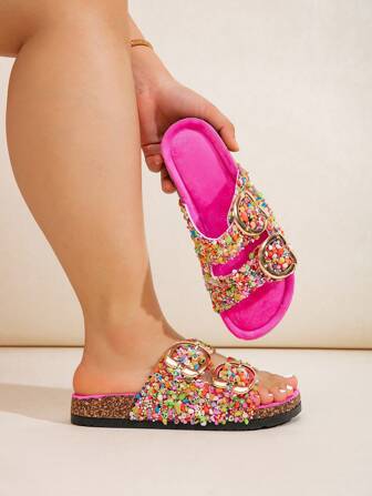 宽版畅销黑色和米色鞋子，休闲家居、海滩、假日凉鞋，配有钻石亮片拖鞋平台，柔软软木纹理女式穆勒鞋