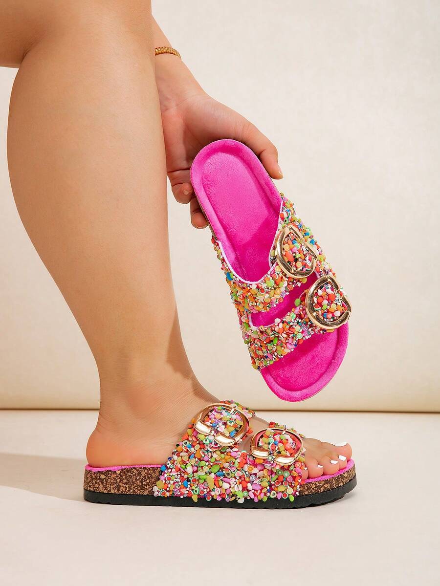 Giày màu đen và be bán chạy nhất, giày thường ngày ở nhà, giày bãi biển, giày sandal ngày lễ có đế xuồng đính sequin kim cương, giày mules mềm bằng gỗ bần cho nữ - Màu Hồng Tươi - Xem 1