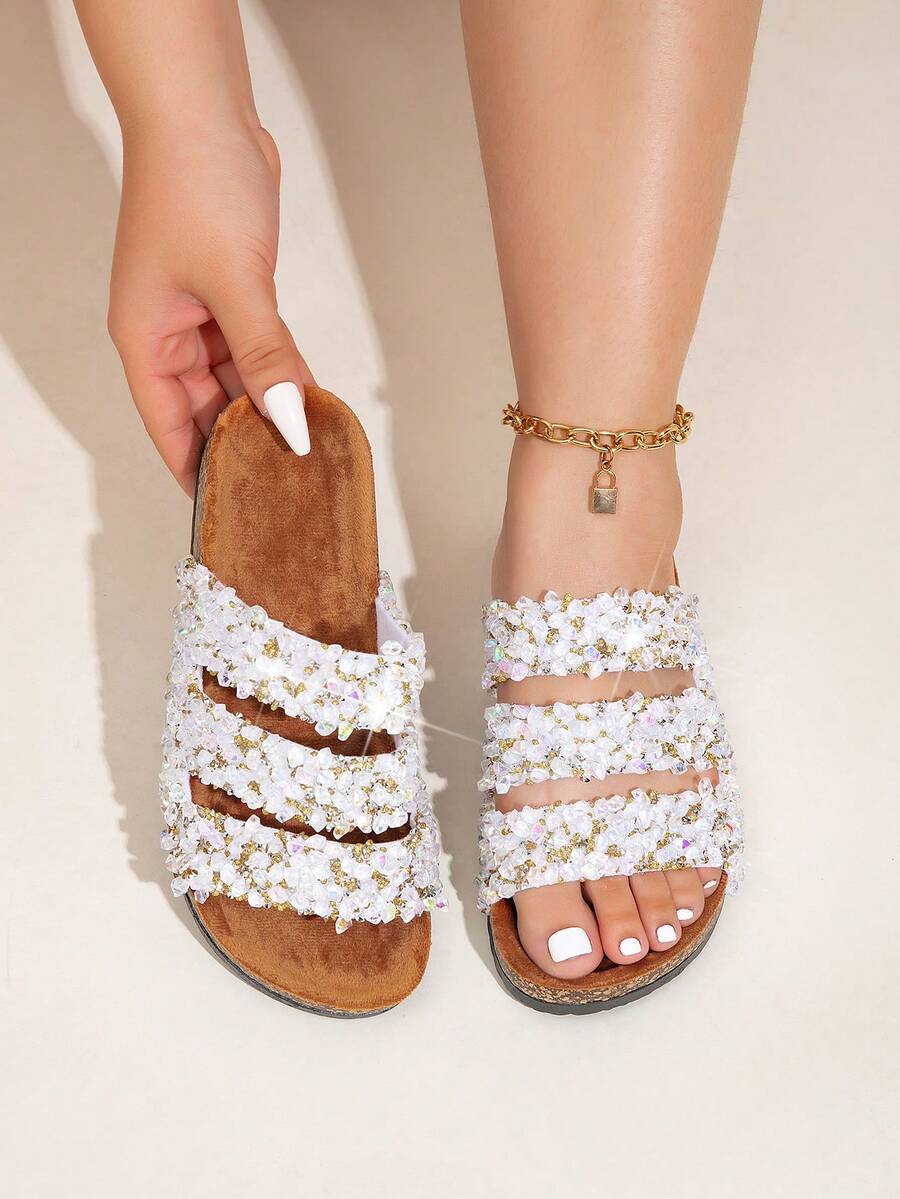 roulvxiang Women's Summer Diamond Sequin Soft Cork Texture Waterproof Beach Slippers, Casual Home & Holiday Flat Sandals