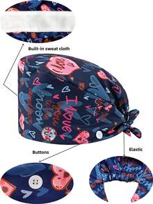 1 件女士涤纶护士帽，印有“Love”字母图案，侧面有白色纽扣，内侧有吸汗带，实用又时尚，适用于美容院、牙科诊所、兽医院和家庭清洁工