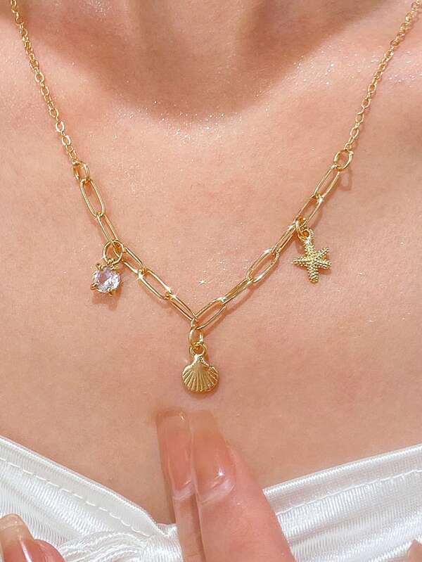 1pc Fashion Stainless Steel Starfish Shell Zirconia Pendant Necklace Summer Beach Daily Wear And Gift