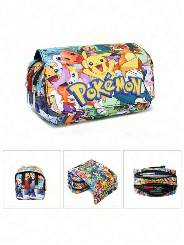 Bolsa de lápices con estampado completo de Pokémon, de doble capa con solapa, para lápices, labiales, brochas, productos de cuidado de la piel, teléfonos móviles, monedas, artículos pequeños, para el hogar, regalos, vacaciones y festivales como Halloween y Navidad. Bolsa multifuncional para la escuela y accesorios escolares.