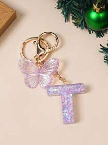 1 Creative Keychain With Alphabet Stone Drops Glue Resin Accessories Butterfly Fringe Alphabet Pendant Keychain Girl