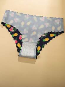 6pcs/Pack Women No-Show Underwear, Smooth Wave Edge, Soft & Comfortable Ladies Briefs With Exquisite Fruit Cake & Flower Print Design