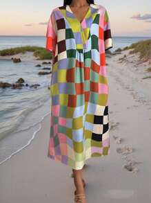 2025 Bohemian Vacation Beach Casual Women's Oversized Spring Summer Fashion Casual Resort Style Multicolor Plaid Element Casual Printed V-Neck Short Sleeve Dress The Dress Patterns Are Printed Randomly And Are All Unique