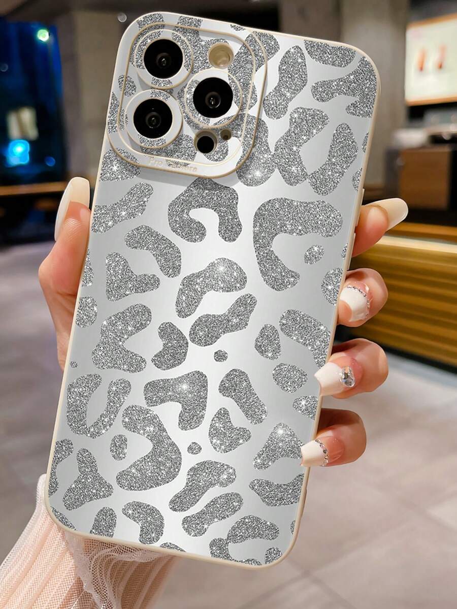 1 pieza Funda protectora para teléfono con base plateada y estampado de leopardo, compatible con Apple/Galaxy/Infinix/Redmi/OPPO/VIVO/Realme, versión internacional, no la versión nacional - Beis - Ver 1