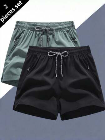 2pcs Men's High Quality Lightweight Breathable Quick Dry Sports Fitness Shorts, Black & Blue, Summer