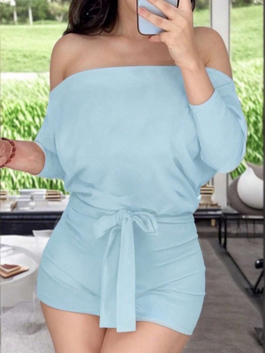 Short Off-The-Shoulder Jumpsuit With Belt Detail - Dusty Blue - View 1