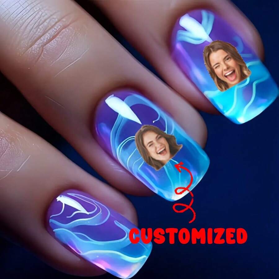 24 pegatinas cuadradas personalizadas para uñas con diseño elegante y luz azul oceánica relajante