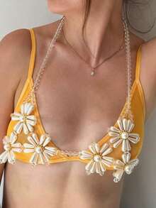 1Pc Hot Character Girl Bra Chain Beach Holiday Party Music Festival Ladies Bra Jewellery Sunflower Pearl Body Chain Bra Bar Party Music Festival Performance Pearl Body Chain - White - View 2