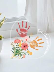 Personalized Acrylic Heart Shaped Desk Sign Customizable With Handprints And Names Perfect For Father's Day Decorations Featuring Colorful Floral Elements And Family Handprints Ideal Gift For Dad Papa Grandpa Unique Desktop Keepsake For Office Or Home Touching Family Souvenir For Holidays Birthdays And Special Occasions