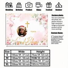 1pc Personalized Customized Name, Blessings, Photo, Rose, Cross Design Baptism, First , Christening Backdrop, Pink Floral Glitter Shower Party Decorative Banner, Multi-Sizes Available