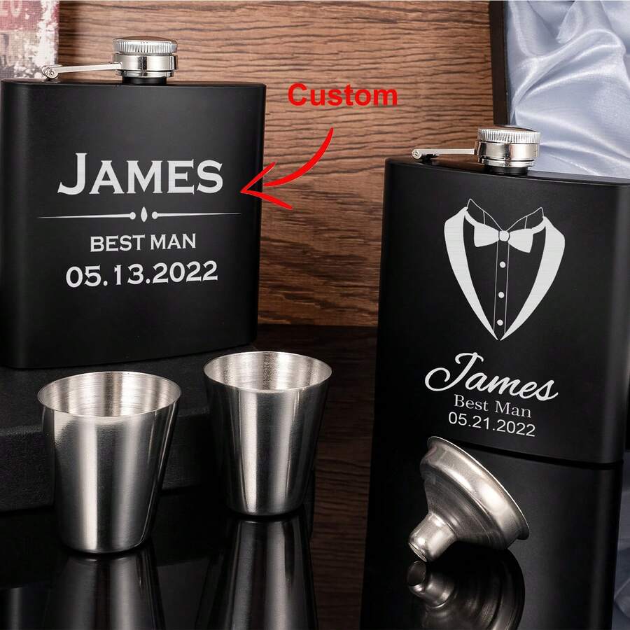 Groomsmen Flask Set, Custom Engraved Flask, Black Hip Flask, Flask For Groomsmen, Groomsmen Gifts, Wedding Or Bachelor Party Gift For Guys,Wedding Essentials - Black - View 1