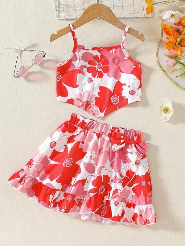 2pcs/Set Girls' Summer Floral Print Camisole Top & Matching Floral Print Skirt With Bow Decor, Girls Dress & Camisole Top Set