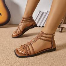 Women's Summer New Roman Sandals, Bohemian Vintage Hollow-Out Flat Low Heel Comfortable Travel Beach Shoes