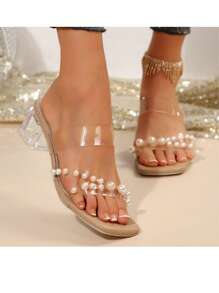 Sandalias de tacon grueso de verano para mujer de talla grande, estilo europeo, con diseño de perla, cómodas, transparente. Adecuadas para uso casual, playa y verano. Zapatos abiertos de tacón alto, elegantes y sexy. Cómodos sandalias de tacón alto color albaricoque.