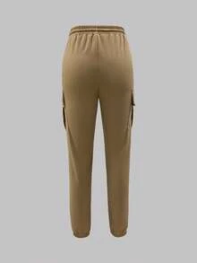 Plus Size Women's Fashion Casual Solid Color Minimalist Pocket Elastic Waist Drawstring Cargo Pants, Lightweight Polyester Blend Soft Fabric - Khaki - View 5