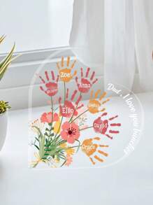 Personalized Acrylic Heart Shaped Desk Sign Customizable With Handprints And Names Perfect For Father's Day Decorations Featuring Colorful Floral Elements And Family Handprints Ideal Gift For Dad Papa Grandpa Unique Desktop Keepsake For Office Or Home Touching Family Souvenir For Holidays Birthdays And Special Occasions