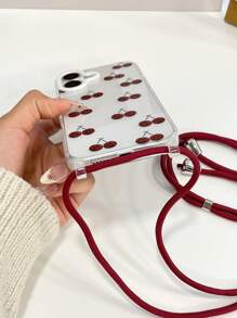1 pieza Funda de teléfono con cordón con expresión de cereza, 1 pieza Correa desmontable de 4 mm de grosor, Correa para el hombro/Bandolera, Anillo protector del objetivo de la cámara de alta protección, Funda suave de TPU transparente para 15 Pro Max / 15 Pro / 15 Plus / 11 / 12 / 12 Pro Max / 13 / 13 Pro Max / 14 / 14 Pro Max / 14 Plus / 16 / 16 Pro / 16 Plus / 16 Pro Max