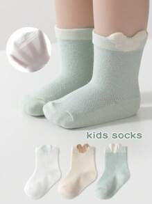 3 pares de calcetines para niños de unicolor con diseño de orejas, calcetines transpirables de malla hasta el tobillo, finos para primavera/verano