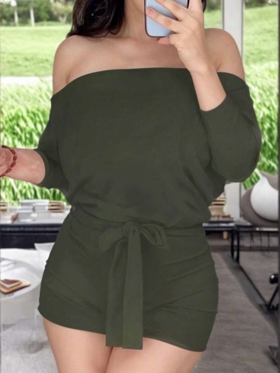 Short Off-The-Shoulder Jumpsuit With Belt Detail - Hijau Tentara - View 1
