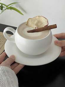 1pc Exquisite Matte Stone Textured Cup & Saucer Set, White Ceramic Cup, Egg-Shaped Coffee/Mug Cup, Unique Cup - White - View 7