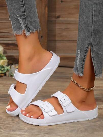 Women's Fashion Sandals, Solid Color EVA Adjustable Double Buckle Flat Sandals, Lightweight Soft Bottom Outdoor Beach Slippers, Wide Fit