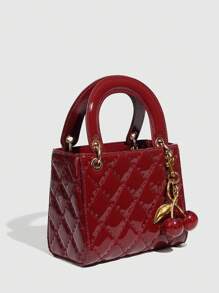 1 pieza Bolso de mano de piel de PU, bolso de color rojo vino, bolso de tote acolchado de piel de patente versátil, bolso pequeño estructurado, bolso de hombro y bandolera de moda, cartera con patrón geométrico