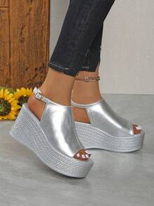 女士优雅银色坡跟凉鞋，休闲露趾厚底鞋，舒适带扣凉鞋 - 銀色 - 查看 4