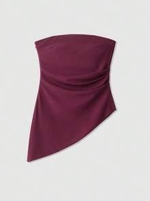 女士纯色时尚褶皱收腰修身不对称露脐上衣 夏季 - 酒紅色 - 查看 1