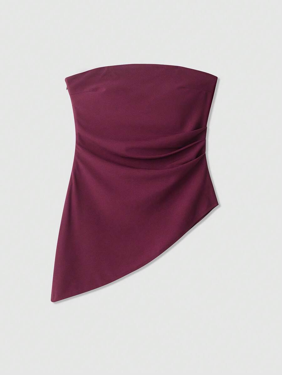 女士纯色时尚褶皱收腰修身不对称露脐上衣 夏季 - 酒紅色 - 查看 1