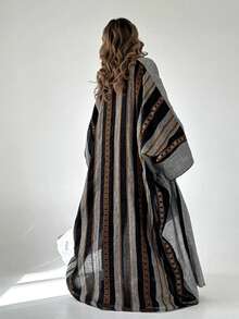 1 件女士时尚双条纹撞色长款 Abaya 开衫，艺术拼接色块前开式休闲长袍夹克，高端亚麻面料，柔软缎面，适合日常穿着，朴素的长袍
