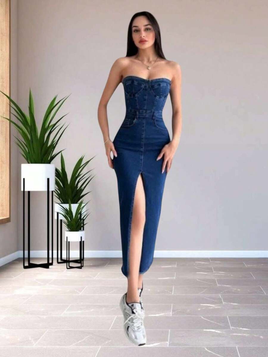Maxi Denim Tube Dress - Dark Wash - View 1