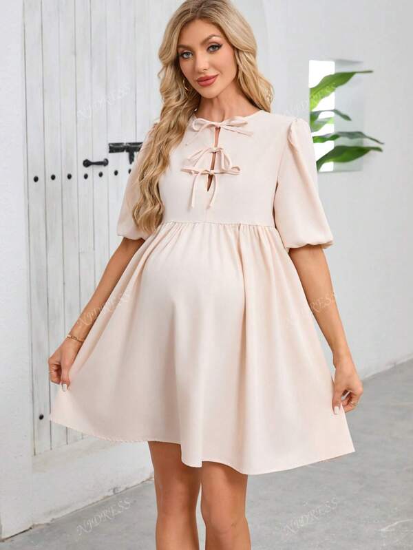 Vestido casual minimalista com babados e amarração frontal lisa para maternidade