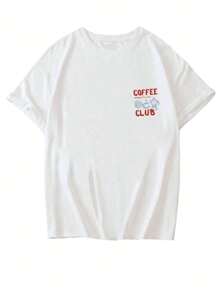 Camiseta casual de mujer con cuello redondo y manga corta, estampado de café en inglés, diseño minimalista, uso versátil diario