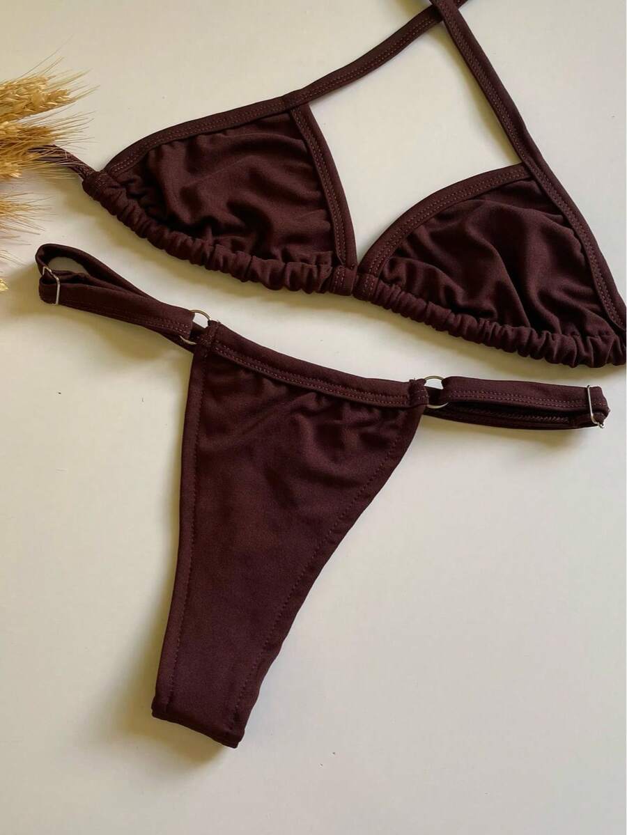 Triangle Bikini With Adjustable Thong Panties - Rust Brown - View 1