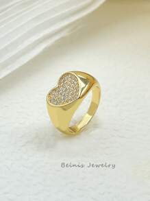 1 st. Elegante goudkleurige kubieke zirkonia hartring, sieradencadeau geschikt voor Moederdag, feestdagen, feesten, aanzoeken